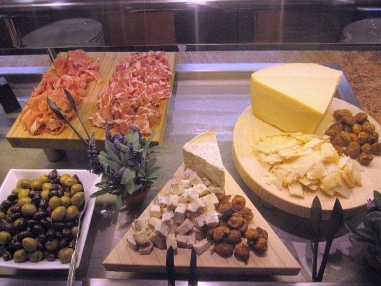 Parma ham, cheeses, olives, everything for a European breakfast.