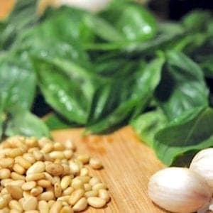 Display of ingredients to make pesto.