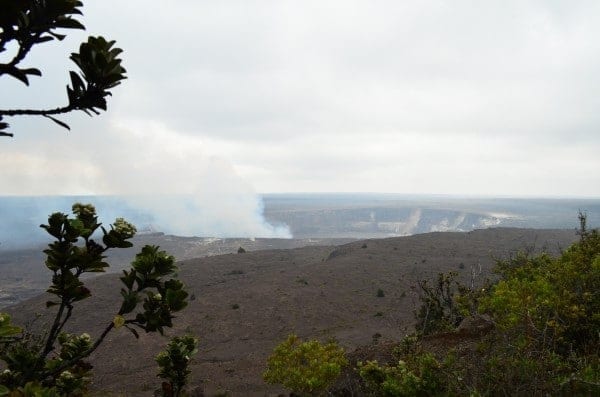 Hawai'i Volcanoes National Park at Jaggar Museum at the summit of Kฤซlauea with a view of Halema'uma'u Crater.