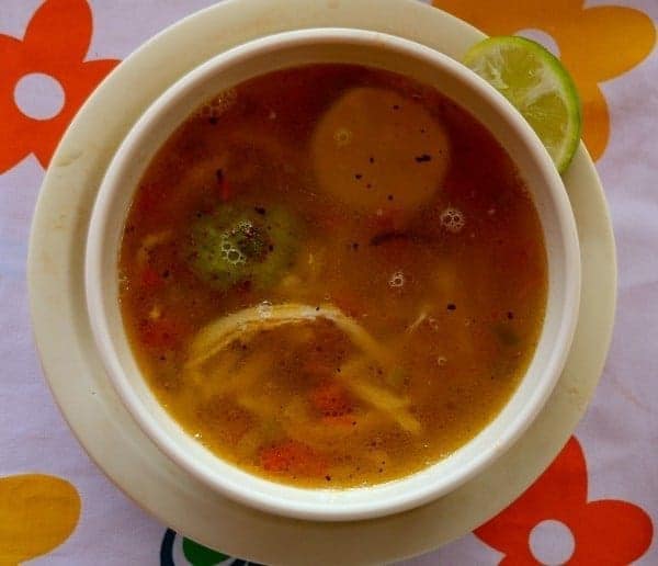 Fragrant, light broth with shredded chicken and sliced vegetables.