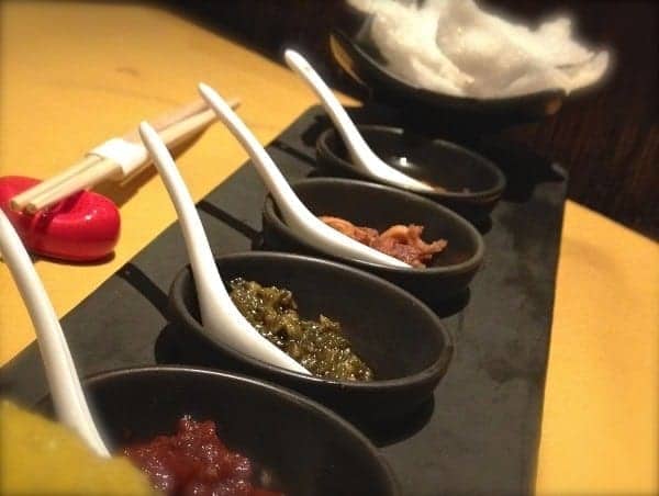 One of many appetizers at JiJi Asian Kitchen. The condiments are for the "crackers."