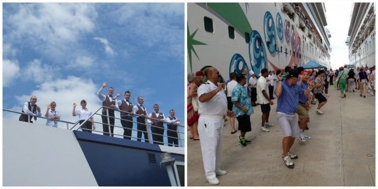 Crew of Amawaterways waving good-bye and crew from Norwegian dancing welcome back!