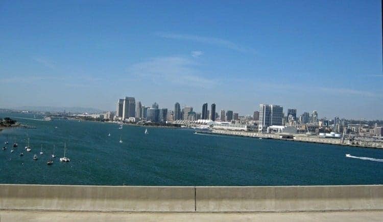 San Diego skyline view shot from the famous Coronado Bridge on an Old Town Trolley tour. Coronado Island is one of 11 trolley stops on the 25-mile route.