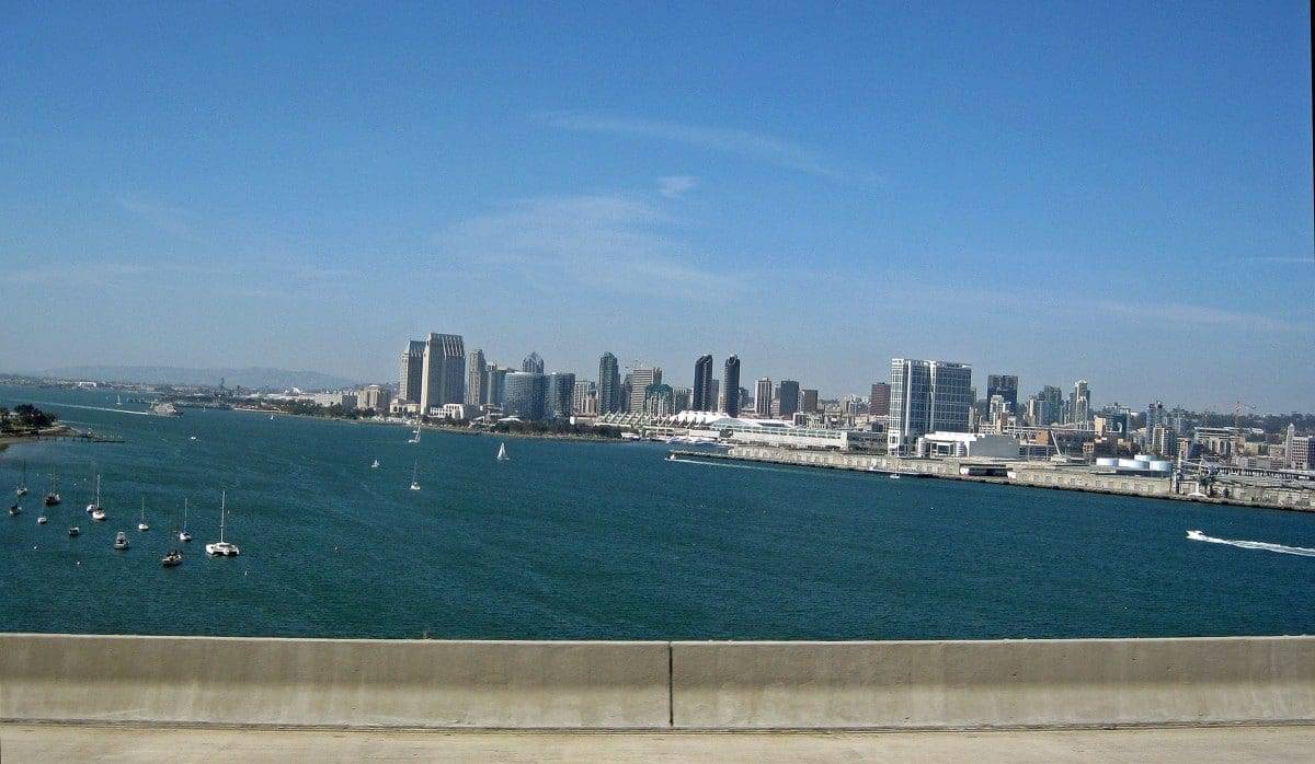 San Diego skyline view shot from the famous Coronado Bridge on an Old Town Trolley tour. Coronado Island is one of 11 trolley stops on the 25-mile route.