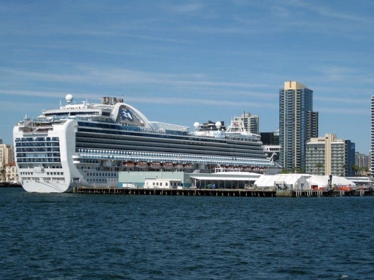 View of the Crown Princess docked in San Diego shot from a Hornblower North Harbor sightseeing tour.