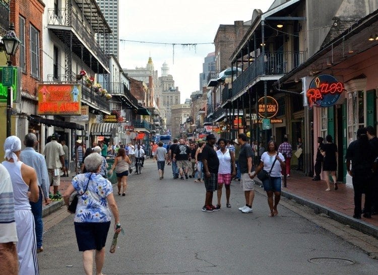 An evening walk along Bourbon Street in New Orleans' famous French Quarter.