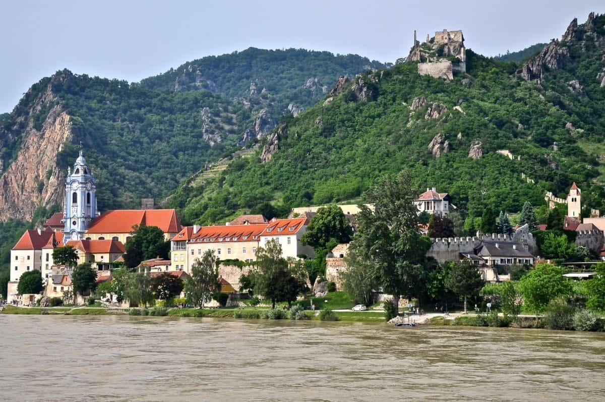 View of castle ruins on the Rhine river in Germany.