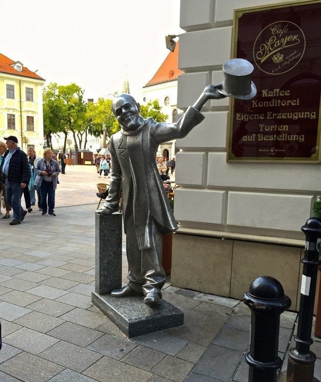 the Schöner Naci brass statue in Bratislava