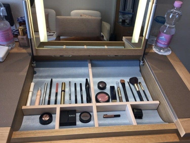 Viking Star stateroom review of lighted makeup mirror and desk.