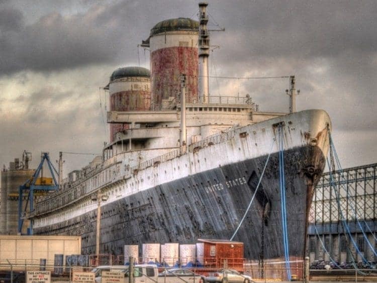The S.S. United States sits at a dock in Philadelphia, rusty and gutted. The best view of this once-beauty is from the cafeteria of nearby IKEA.