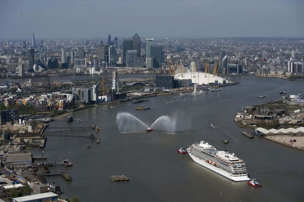 Viking Sea arrives into Greenwich, London via the River Thames for the christening ceremony.