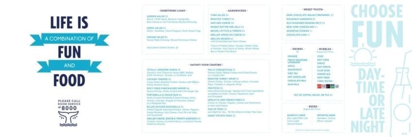 Carnival Room Service Menu 2019