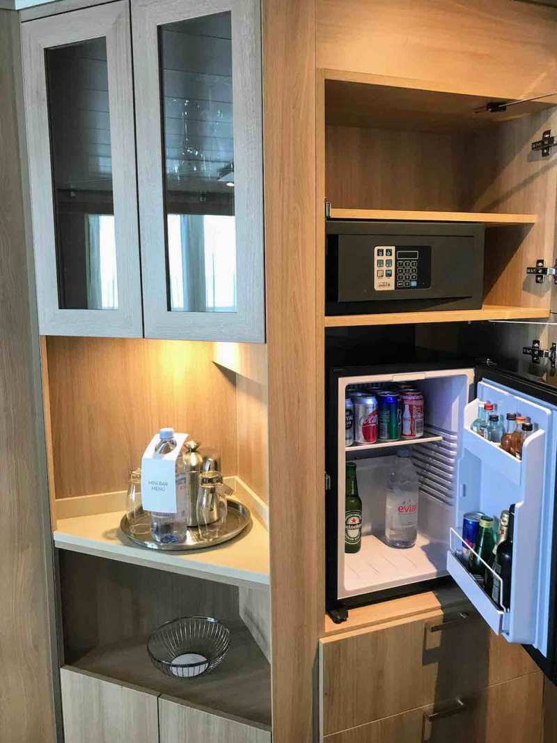 Nieuw Statendam extended balcony stateroom minibar and safe The corner of the stateroom has a minibar and safe