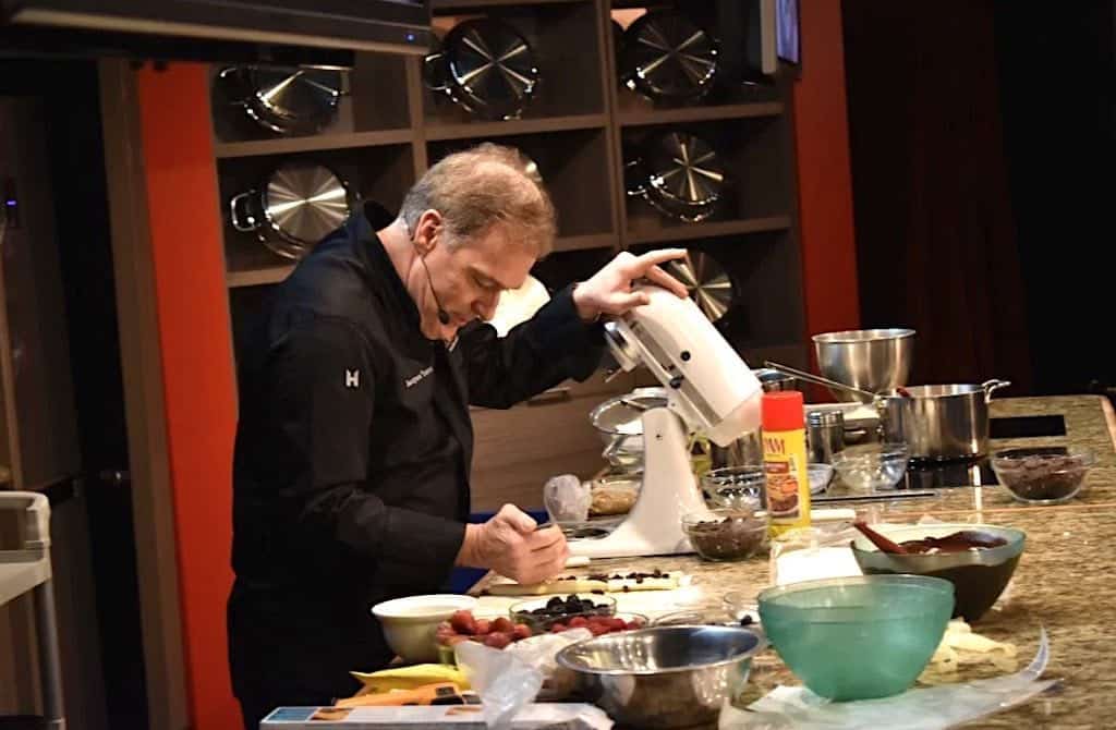 Jacques Torres demonstrates chocolate dessert Holland America Culinary Cruise