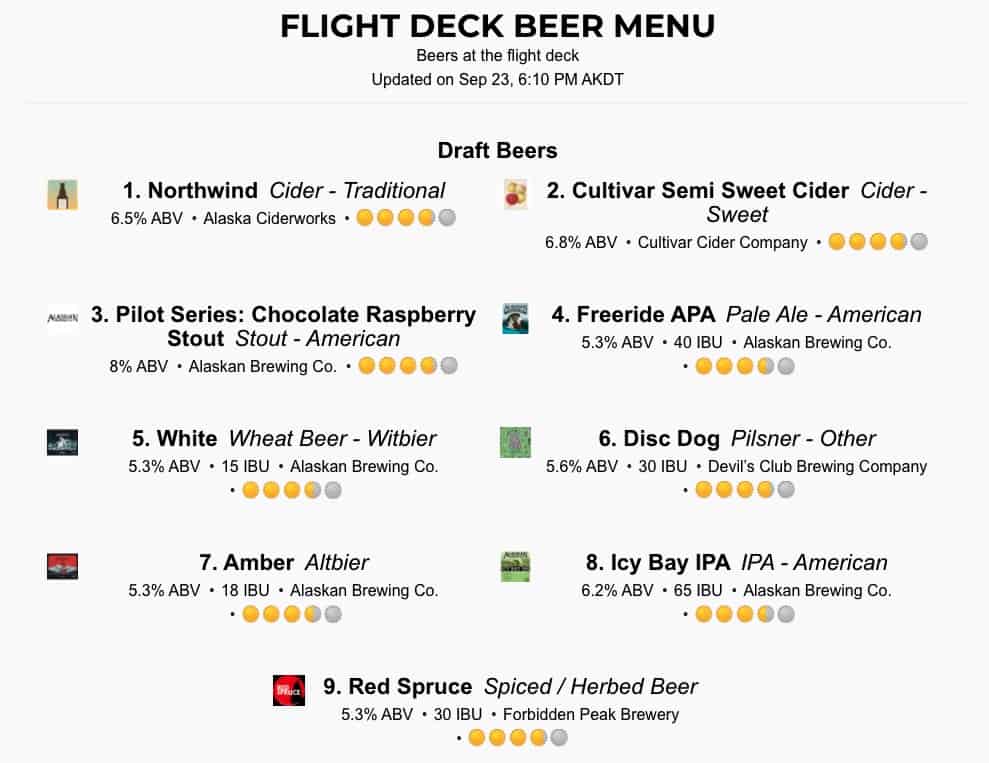 Beer menu at the Flight Deck Bar in Juneau.