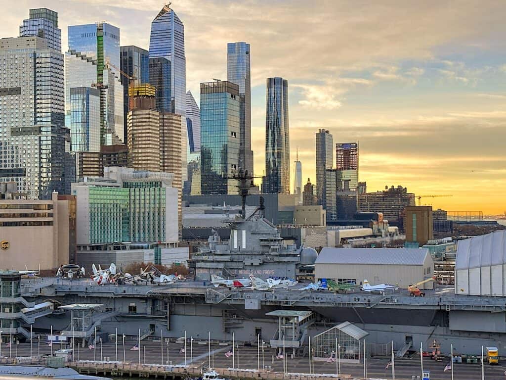New York City view at sunset.