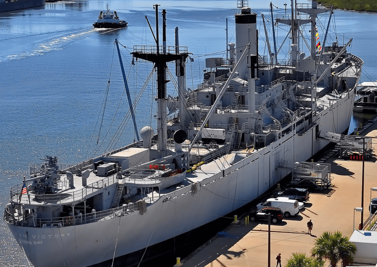 Aerial view of the SS American Victory a World War Three battle ship in Tampa port. Aerial view of the SS American Victory a World War Three battle ship in Tampa port.