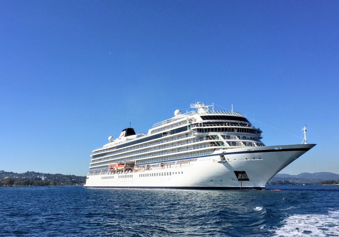 Viking Star anchored off Corfu, Greece. Island can be seen in the background.