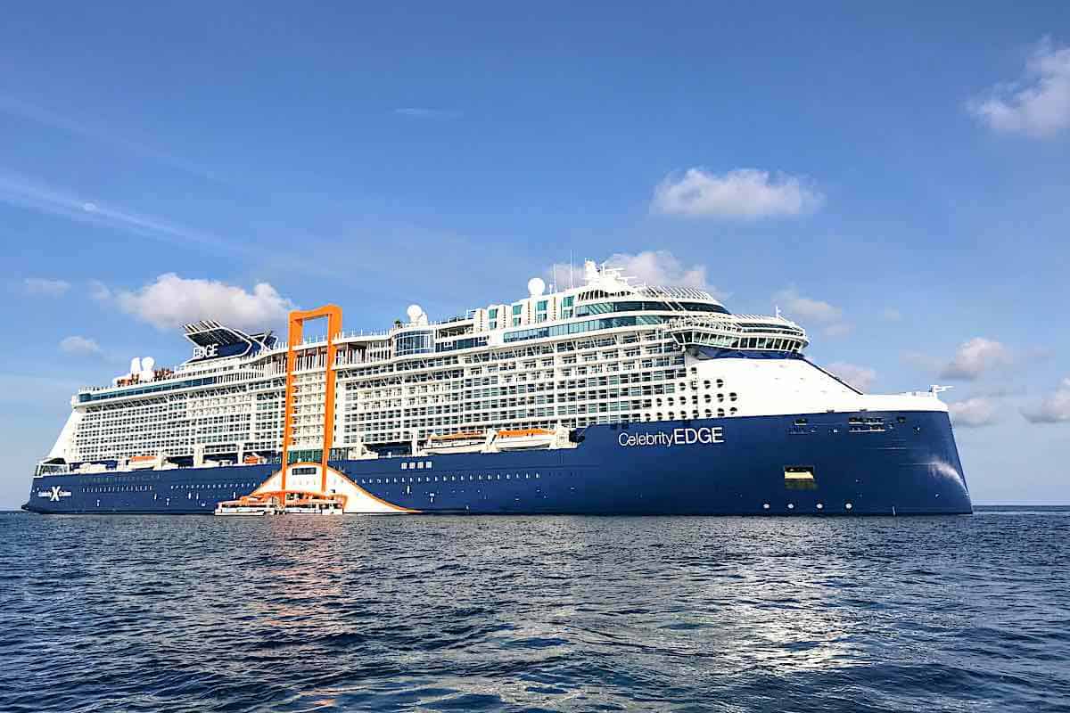 Celebrity Edge anchored off-shore of Miami.