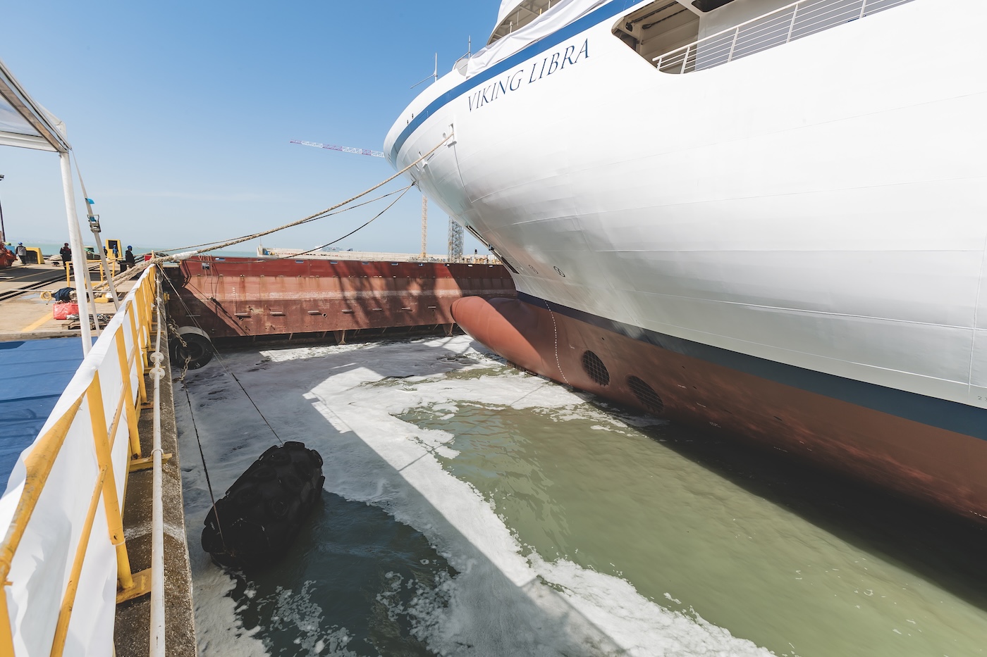 Water flows into Viking Libra dry dock. 