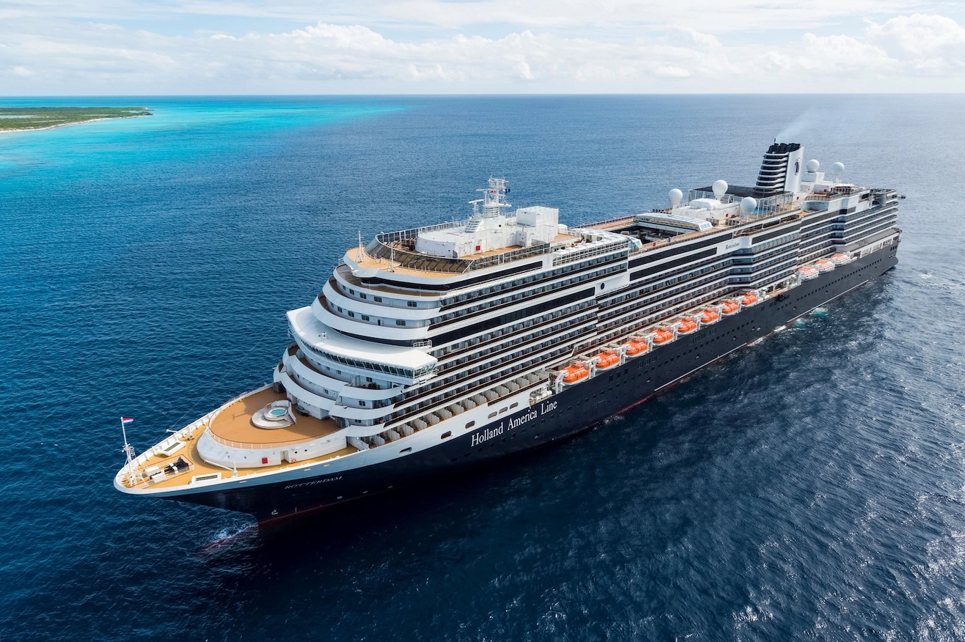 Holland America Rotterdam cruise ship at sea following extensive dry dock updates.