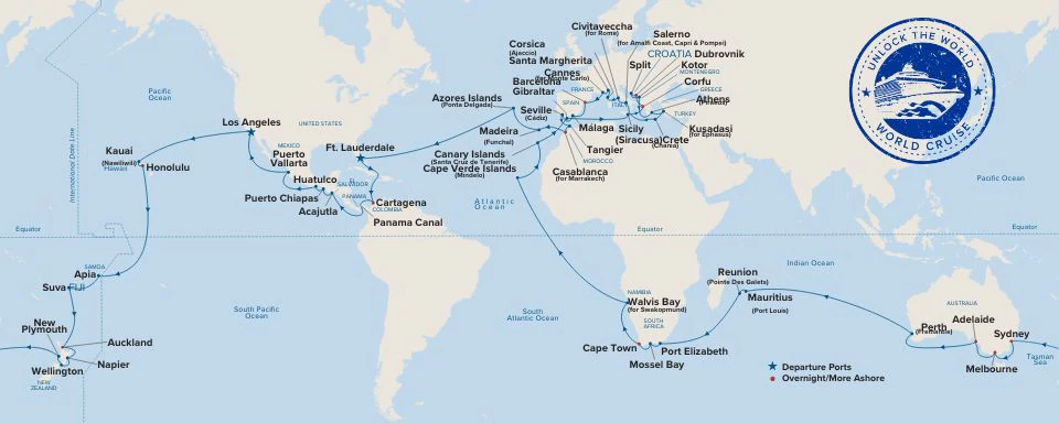 Map of the route for Coral Princess World Cruise in 2028.